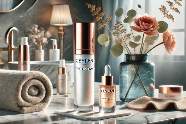 Ceylan Eye Cream displayed beside glowing skin care essentials