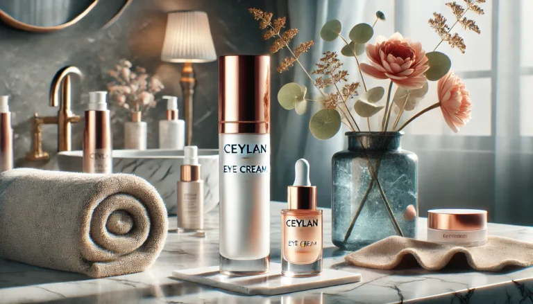 Ceylan Eye Cream displayed beside glowing skin care essentials