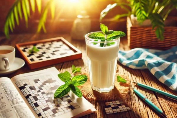 cold yogurt drink surrounded by crossword puzzles on a wooden table.