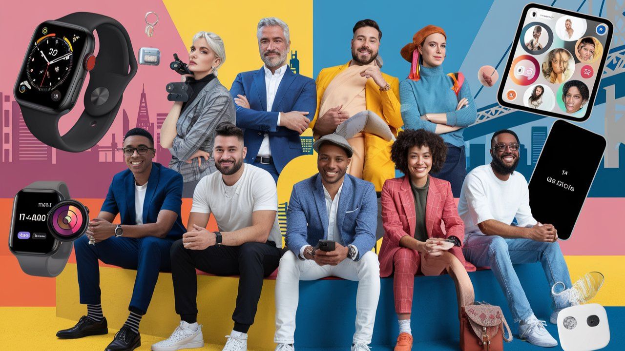 group of diverse influencers creating content for a campaign, with gadgets, props, and vibrant backgrounds.